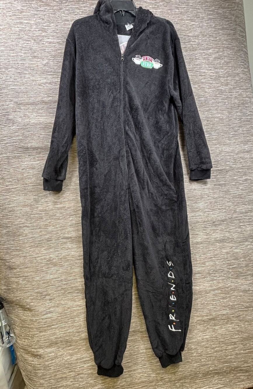 Friends One-piece Pajamas Womens Size M Black Central Perk Fleece Hooded Zip